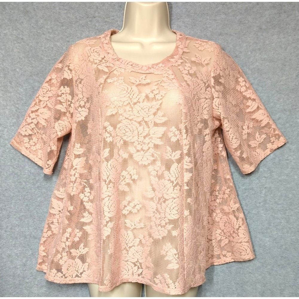 Embroidered Lace Net Top M Blush Pink Open Back Coquette Flowy Easy Chic Twist